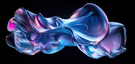 Abstract background with colorful glass curves, in shades of blue and purple, against a black gradient background. High-resolution, highly detailed, professional-quality photograph with sharp focus, high dynamic range, soft lighting, and an elegant composition from a high-angle view. The curves of the abstract shape resemble an ear or a cloud in motion. It is a digital artwork created using Adobe Photoshop with the help of graphics software such as Artstation. --ar 21:10 --v 6.1 Job ID: 4cc12bf5-0aee-42f2-ba3a-a33937f0b007の素材