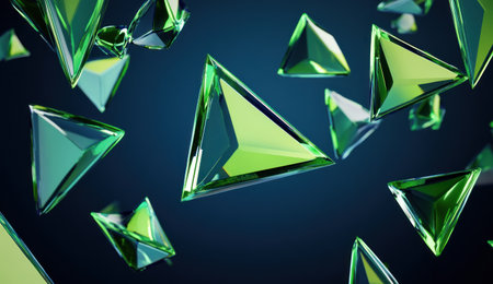 3D rendering of multiple triangular green glass pieces floating in the air on a dark blue background. Abstract geometric design with angular shapes and glowing edges. Minimalist style. --ar 26:15 --v 6.1 Job ID: 84d5a9cd-c286-4285-b176-3d8ee5b0f7a1の素材
