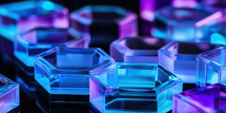 A close-up of multiple blue and purple hexagons, each with visible edges and transparent surfaces. The background is black, creating an abstract 3D effect that emphasizes the geometric patterns. In front of them lies another set of three blue and violet cubes, also with clear borders and translucent materials. This composition creates depth in space by combining these futuristic elements into one scene. --ar 2:1 --v 6.1 Job ID: 67e3266c-6b1a-40ff-aa13-1a18ed3189c9の素材
