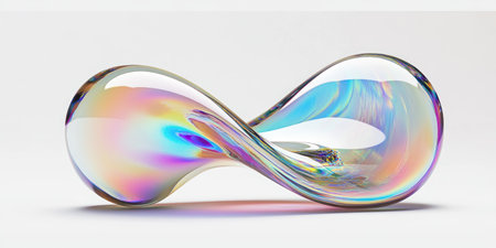 A white background with an abstract, curved glass shape in iridescent colors. The glass is transparent and has a glossy finish that reflects light, creating a sense of depth and movement. It forms the outline for a logo or design element on one side only, leaving plenty of space around it to create visual interest. This style could be used as a backdrop or texture for digital marketing materials. --ar 2:1 --v 6.1 Job ID: 24cb376a-d44e-4cea-a8b3-9238eb108707の素材