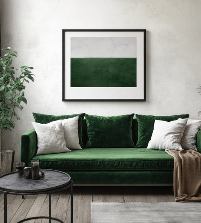 A modern living room with a green velvet sofa, white walls, and a black frame mockup hanging on the wall. The interior design has a cozy, boho-style aesthetic, with an accentual, hyper-realistic photography style. This image was captured in the year 2035 using a Sony Alpha A9 II camera, an f/4 aperture setting, and an 8mm wide-angle lens. The shallow depth of field and an ISO of 67 result in a fine art photography style, which has been recognized with awards. --ar 9:10 --v 6.1 Job ID: f654e093-df01-45d6-b26c-7db62b962c3aの素材