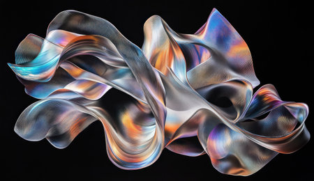 A digital art piece featuring an abstract, swirling ribbon of metallic colors against a black background. The ribbon is made up of thin lines that create the appearance of being in motion and intertwined with each other. There's a sense of fluidity to it, as if they were being drawn by curves or waves. This design could represent movement, transformation, creativity, elegance, luxury, fashion, technology, or any theme where flowing shapes and colors would be appealing. --ar 26:15 --v 6.1 Job ID: e408e083-8fae-4e19-a3cd-629723e1f683の素材