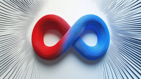 Red and blue vector line infinity symbol on a white background, in a futuristic style with light effects, elegant curves, a light gradient, white space in the center of the composition, light gray and sky-blue tones, simple lines, a dynamic energy flow, a modern technology theme, high resolution, high quality, high detail, high definition, high sharpness, high contrast, high vibrance, high saturation, high-quality film photography, vibrant, wide-angle, wide shot, low depth of field, and a bokeh effect. --chaos 30 --ar 16:9 --v 6.1 Job ID: 0dc9d2c0-a91a-4b91-833c-9697e8f6d22fの素材