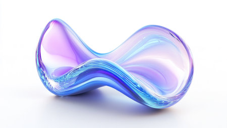 Abstract glass-curved wave shape on a white background, with blue and purple colors, soft blurred focus, detailed texture of the surface, light reflection and refraction effects, in the style of digital art, high resolution, no text or characters, suitable as an elegant design element in web design or graphic arts. --ar 53:30 --v 6.1 Job ID: 02c16425-7ce8-40d5-acc9-40953da7063eの素材