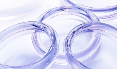 A white background with three transparent glass rings, the edges of which form circles in different sizes, creating an abstract and modern composition. The rings have a blue tint on one side and light purple reflections inside them. A shiny effect adds depth to the scene. --ar 5:3 --v 6.1 Job ID: e9c746f6-26bd-4091-a86f-94ca7cab31e1の素材