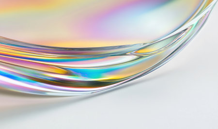 A close-up of the edge of an acrylic glass plate, with smooth curves and rainbow colors reflecting on its surface, set against a white background. The focus is sharp, highlighting the glossy texture and iridescent reflections. Soft lighting creates gentle shadows around the edges, adding depth to the composition. --ar 5:3 --v 6.1 Job ID: e905b64d-f8e3-4313-89a3-d0275df3f68aの素材
