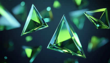 A series of green and blue triangles with glass-like edges floating in the air on a dark background, forming an abstract geometric pattern. The shapes create a sense of depth as they are arranged from large to small, giving off a futuristic feel. This is a digital illustration that captures movement using 3D rendering techniques, creating a dynamic composition with the light reflecting subtly on each triangle's surface. --ar 26:15 --v 6.1 Job ID: b3d808a2-ce08-447b-906b-afc8212065d6の素材