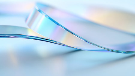 A close-up of the edge and curve, glassmorphism, curved edges on a white background, holographic iridescent colors, light blue background, macro photography, blurred focus, abstract shapes, light refraction effects, reflections, blurred edges, gradient background, translucent textures, glass or aluminum material, translucent materials, high detail, C4D rendering, Octane renderer --ar 53:30 --v 6.1 Job ID: 72faa877-c0e7-4b74-a12a-c8e8cdf40c0aの素材