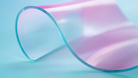 Close-up of curved glass, light blue background, blurred edges, colorful curves, soft lighting, white and purple tones, minimalist design, smooth lines, holographic effect, iridescent colors, delicate details. --ar 53:30 --v 6.1 Job ID: 384dba9a-602b-4e1d-97dc-73ea8ca63555の素材