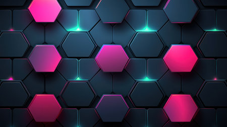 A seamless pattern with holographic hexagons, their colors shifting and shimmering in the light â an otherworldly blend of neon pink, electric blue, and iridescent green, their forms floating against a dark background, vector illustration, graphic design, digital art. --chaos 30 --ar 16:9 --v 6.1 Job ID: 7cee4408-3a1e-4ec9-8509-8342de712290の素材