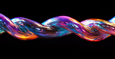 Abstract holographic black background with twisted ribbons of neon rainbow liquid metal, high resolution, highly detailed, sharp focus, studio photography, professional color grading, soft shadows, low contrast, clean sharp focus, cinematic film grain, hyper-realistic --ar 29:15 --v 6.1 Job ID: 363dada0-7277-4c0b-94fa-9e2929712621の素材