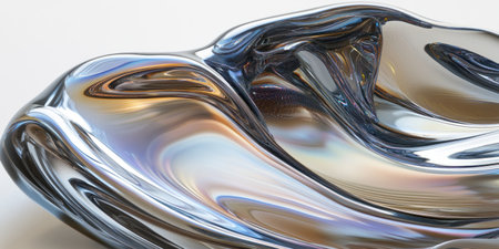 A close-up of an abstract, glass-like surface with iridescent reflections and curved edges, set against a white background. The focus is on the fluidity and translucency of the material, creating a sense of motion and depth in the composition. This artistic rendering creates a visually captivating scene that evokes the beauty of light refractions, playfully contrasting colors, and the elegance of flowing forms. --ar 2:1 --v 6.1 Job ID: e9e4952c-3f19-4e74-ac1d-06423e5b9554の素材
