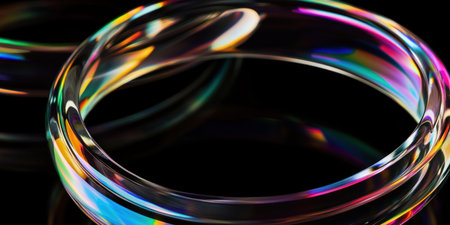 Close-up of two transparent and glossy glass rings overlapping, with rainbow reflections on a black background, creating an abstract and mesmerizing visual effect. --ar 2:1 --v 6.1 Job ID: 925781a6-3ceb-468b-8c4e-36c1ac4d7941の素材