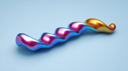 A colorful, metallic, wavy line against a blue background, resembling liquid metal, creates an abstract and visually appealing composition. --chaos 30 --ar 16:9 --v 6.1 Job ID: 5edbde01-d758-4cb1-bdef-f6ceb55ee3a3の素材
