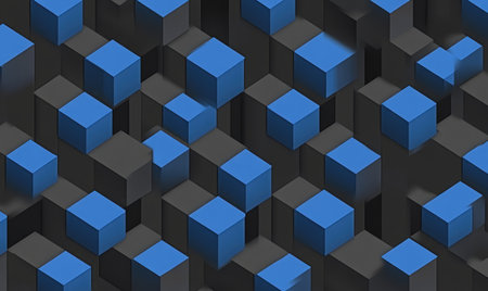 Abstract background with blue and black cubes on a dark gray background, in an isometric view. --ar 5:3 --v 6.1 Job ID: d6c8d4c6-2c43-4a34-a030-556ab0536ae4の素材