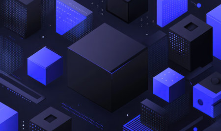 Abstract background of black and blue cubes, isometric view, flat design style, simple shapes, minimalistic, no shadows, vector illustration, 3D render, monochromatic, gradient color scheme, dark gray with bright blue accents, modern, tech-inspired, simple yet elegant, no text or icons. --ar 5:3 --v 6.1 Job ID: 5cc01f04-0c72-4083-9ccc-4968df01c070の素材