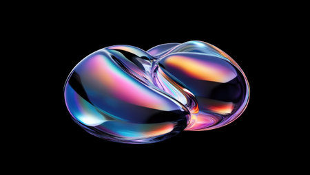 Abstract iridescent shapes on a black background, a simple and minimalistic design with smooth curves, subtle gradients, and elegant forms. The texture is shiny and glossy, with a high-resolution, detailed rendering and cinematic lighting. Soft shadows create a high-contrast, vibrant color palette. --ar 53:30 --v 6.1 Job ID: 5d8fa529-ca9d-4cbd-a521-f9dd3339785cの素材
