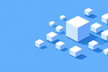 A blue background with simple geometric shapes, cubes and squares, in an isometric view, with a white, minimalistic design. The cube stands in the center of the picture, surrounded by smaller ones. In front, there's an open space where you can place text or other elements. Isolated on a solid blue background. Minimalist style. Blue tone. --ar 3:2 --v 6.1 Job ID: 0cd5a0ad-2074-43f7-83cb-92fca6466e84の素材