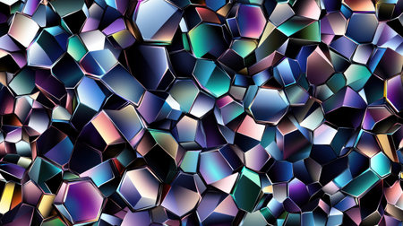 A seamless pattern with holographic hexagons, their colors shifting and shimmering in the light, creating an ethereal atmosphere on a dark purple background. Vector illustration in the style of Grzegorz Domaradze with glowing neon accents, a vibrant color palette of blues, greens, purples, and black and white. Dynamic composition, high resolution, no blur or grain. --chaos 30 --ar 16:9 --v 6.1 Job ID: ee3c6bca-bd8c-4f00-afcc-6caec1e9728dの素材