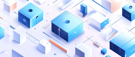 Abstract background with blue and gray geometric shapes, connection lines, and cube blocks on a white background for a technology or digital concept banner. Vector illustration design. --ar 71:30 --v 6.1 Job ID: 26607f62-89cc-4bd4-861d-44d97d20c17aの素材