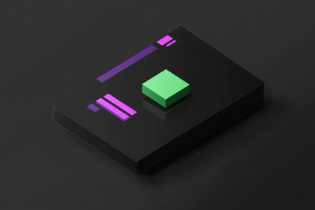Black background, isometric view of a minimalistic logo with a purple and green color palette on a black background. A black matte rectangular card with three pink horizontal lines in the upper left corner, a green pixel art square icon floating above it, and a purple shape below it. Simple shapes, low details, minimalism, vector style, simple colors, simple design elements, simple shading, isometric style, no shadows, no gradients, no gradient color fill, no gradient transparent background, no reflections, no highlights. --ar 3:2 --v 6.1 Job ID: d60df633-441f-4210-b860-87a691999296の素材