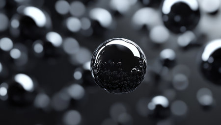 Dark gray background with low-poly black spheres floating, minimalistic, monochromatic, high contrast, blurred focus on the foreground elements. --ar 53:30 --v 6.1 Job ID: 410b535b-4bf0-43ea-ab39-1066bd04f72eの素材