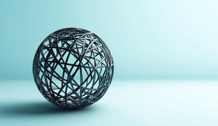 A visually appealing, detailed image of an intricate sphere with thin lines on it. The sphere is made from metal and has unique patterns on its surface. It is set against a clean, light blue background that highlights the object's features. This design emphasizes the beauty in simplicity while showcasing modern minimalism. Photorealistic 3D rendering. --ar 26:15 --v 6.1 Job ID: 378d2f28-dd10-498a-9aa5-e4d962d2009aの素材