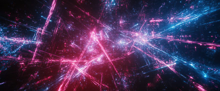 Aerial view of the city at night, with many pink and blue glowing lines crisscrossing above the buildings, photorealistic and cinematic in style. --ar 12:5 --v 6.1 Job ID: 5b3a58f7-d66c-4c06-90c1-2c652c525a1bの素材