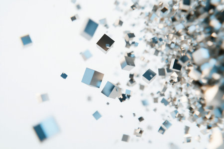 3D render of flying abstract cube particles on a white background, in the style of 2D illustration, with a simple design, flat colors, a blue and silver color palette, low details, a minimalistic design, and white space around the object, captured with a wide-angle lens. --ar 3:2 --v 6.1 Job ID: 22cec3e3-ed9b-4a0d-a0f1-b88761f401dfの素材
