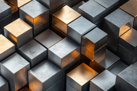 Isometric view of dark gray and light bronze geometric metal building blocks, minimalism, metallic, clean background, hyper-realistic rendering. --ar 3:2 --v 6.1 Job ID: d4708a8e-45be-4e63-8d95-6e541195e6e8の素材