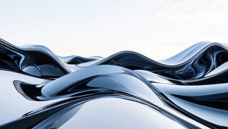 Abstract glass-like wavy shapes on a white background, with a blue and black color scheme and a light blue sky. The image has a minimalistic, hyper-realistic style. --ar 53:30 --v 6.1 Job ID: 0a7c65c1-562d-4888-88c8-3291f30690dcの素材