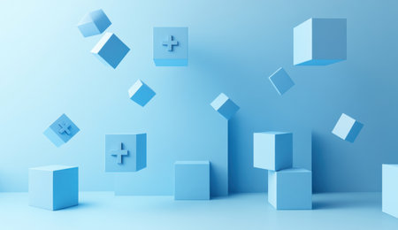 Blue background with three-dimensional geometric shapes, 3D rendering of blue cross symbols and cube blocks in the air, minimalism, simple style, no shadows, high resolution, no blur, flat design, blue theme, top view, centered composition, minimalist --ar 26:15 --v 6.1 Job ID: 336e8c7b-51f0-4638-8176-ba5a886ef783の素材