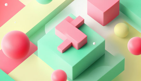 A colorful geometric background with bold shapes and vibrant colors, creating an abstract design for social media. The graphic includes three large 3D blocks in green and pink tones, representing different sizes of icons like a plus sign or cross symbol. This design is perfect as a cover photo on Instagram or other digital platforms to highlight your brand's products or services. --ar 26:15 --v 6.1 Job ID: 51098127-ecc0-467e-ac05-309b0e97a401の素材
