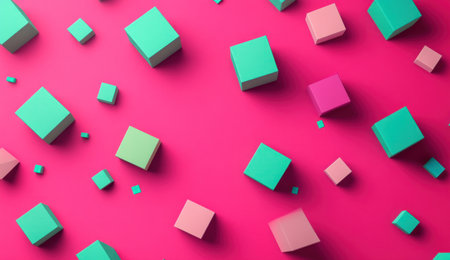 Colorful geometric shapes and forms on a magenta background, a 3D rendering illustration of abstract geometric shape objects. A bright color background with cubes in green, pink, and turquoise colors. Flat lay, top view, copy space concept. --ar 26:15 --v 6.1 Job ID: a08a0cf6-7e8c-4d3b-ad31-40318fc4b95dの素材