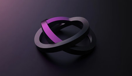 3D render of a simple, minimalistic logo on a dark background with a black and purple gradient. The logo consists of two intertwined rings. --ar 26:15 --v 6.1 Job ID: 01564b7f-de99-4bb9-82e2-4f929e867fa8の素材