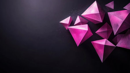Abstract composition of geometric shapes in pink and purple against a black background, 3D rendering illustration. Minimalist design with triangles, triangles flying around, low-poly style, no perspective, high resolution, hyper-realistic, sharp focus, depth of field, global illumination, volumetric lighting, Octane render, super-detailed, hyper-realistic, sharp focus, depth of field, soft shadows, clean sharp focus. --chaos 30 --ar 16:9 --v 6.1 Job ID: ee6ddf50-e181-412d-8cdf-c6c24605e5beの素材