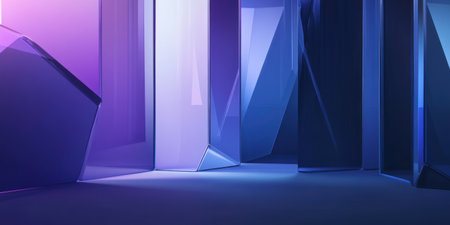 A background of hexagonal blue and purple shapes with a black gradient in the center, reflecting light like a smartphone screen. The edges have smooth curves that give it depth. In front is a series of glass tiles arranged at different angles, creating a three-dimensional effect. This design creates a futuristic atmosphere, perfect for advertising or product display. --ar 2:1 --v 6.1 Job ID: 8f905fa4-93c7-4902-9ddd-00fb61eca3cdの素材