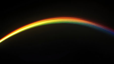 A single, long, curved rainbow-like light streak on a black background, centered horizontally, simple and elegant, close-up photography using a macro lens. --ar 53:30 --v 6.1 Job ID: f6fe3e8f-61e3-4ec2-bc70-fef5b5fa5e21の素材
