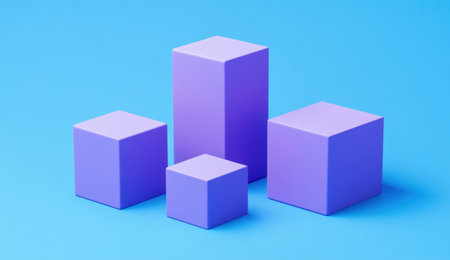 3D render of simple geometric cubes in different sizes on a blue background, isometric view, minimalistic design with purple color accents, no shadows, high resolution. --ar 26:15 --v 6.1 Job ID: fa712d36-123c-4263-8130-2ed018705e96の素材