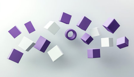 3D render of simple geometric shapes in purple and white, floating on a grey background. --ar 26:15 --v 6.1 Job ID: ec5a9248-3dd4-4b7c-af38-915133d8ff6eの素材