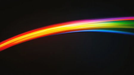 A single, long, curved rainbow-like light streak on a black background, centered horizontally, simple and elegant, close-up photography using a macro lens. --ar 53:30 --v 6.1 Job ID: f6fe3e8f-61e3-4ec2-bc70-fef5b5fa5e21の素材