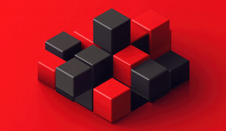 Red background, red and black geometric cubes arranged in an isometric pattern, with a dark gray gradient on the top left corner of each cube. The overall color scheme should be red, solid color, simple, flat design, high-definition, and high-quality. --ar 26:15 --v 6.1 Job ID: 371750ee-544c-4233-b744-a88b2ee027cbの素材