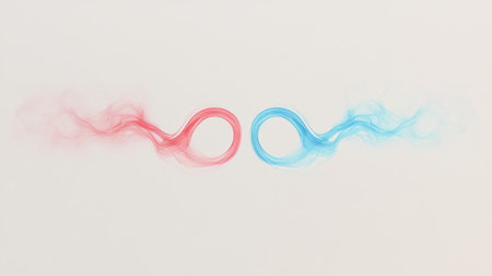 Abstract background with an infinity symbol and red, blue, and white colors on a light grey background. Vector illustration of waves with a glowing effect. The concept design for a technology banner or poster. Vector illustration. --chaos 30 --ar 16:9 --v 6.1 Job ID: fb885113-f68a-4817-97cf-8ca973346aa1の素材