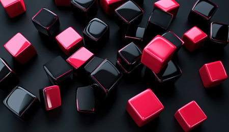 Black and pink background with abstract geometric shapes, 3D rendering illustration of cubes in red color. Background design for business presentation or promotion banner template. --ar 26:15 --v 6.1 Job ID: 54d7c8c1-9c91-4764-ae67-9c780de0b080の素材