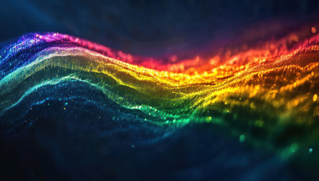Abstract background with a rainbow gradient, dark blue and black background, curved lines, fluid design, soft light reflection, high resolution, high detail, sharp focus, studio lighting, intricate details, highly detailed, high-quality photography. --ar 53:30 --v 6.1 Job ID: 129c7e21-6b6c-403a-9ee3-7265c7a29926の素材