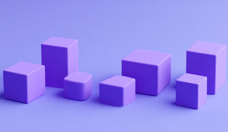 3D render of simple geometric cubes in different sizes on a blue background, isometric view, minimalistic design with purple color accents, no shadows, high resolution. --ar 26:15 --v 6.1 Job ID: fa712d36-123c-4263-8130-2ed018705e96の素材