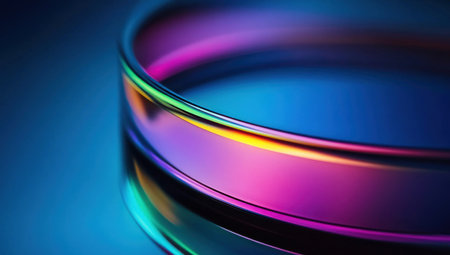A close-up of the edge and curve, colorful gradient lines, blue background, glass texture, abstract style, curved light strips, high saturation, wide-angle lens, reflection effect, and a futuristic feel. The overall color tone is mainly black with rainbow colors as accents. It has an elegant composition that highlights its sense of technology, in the style of [Artist name]. --ar 53:30 --v 6.1 Job ID: e65f3180-17bd-4b6f-92ad-3be28a511dcbの素材