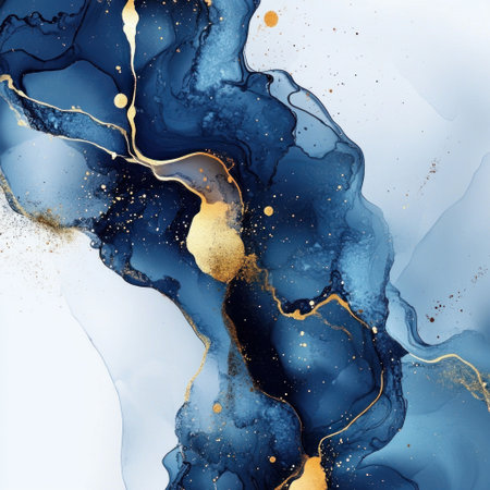Abstract Blue and Gold Painting, an abstract artistic design with deep watercolor colors, fluid shapes, soft lines, a flowing water texture, in a modern art style, with fluid organic forms, in high resolution and ultra-detailed, featuring a dark blue and gold color palette on a white background, with an alcohol ink effect and splashes of paint. --v 6.1 Job ID: 17b85a08-1346-455f-8a32-bc3f16fdee09の素材