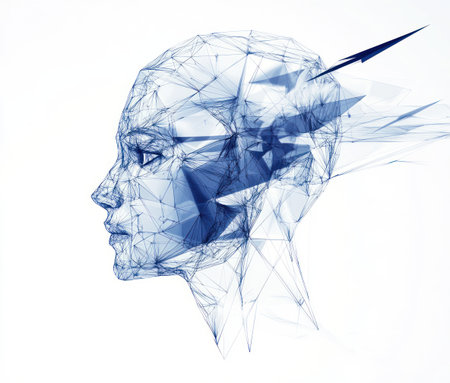 A low-poly head profile made of blue and white lines, on an all-white background. The design features intricate geometric patterns with the outline in dark gray against light gray, creating depth. In front is one small arrow pointing to its left eye, symbolizing artificial intelligence or machine learning technology. This detailed artwork captures humanoid facial contours and emotions, conveying emotional expression through simple shapes and clear details. --ar 7:6 --v 6.1 Job ID: 55fd36d6-ecc2-465e-826a-c5c349625a18の素材