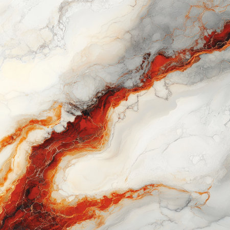 A white marble surface with veins of deep red and orange, resembling the texture of lava flow on an alien planet. The background is a soft gray gradient that enhances the vibrant colors in the foreground. This pattern evokes mystery and awe. It would be perfect for scrapbooking pages or scrapbook covers. --v 6.1 Job ID: f2d8a218-487a-4405-8477-f300172af572の素材